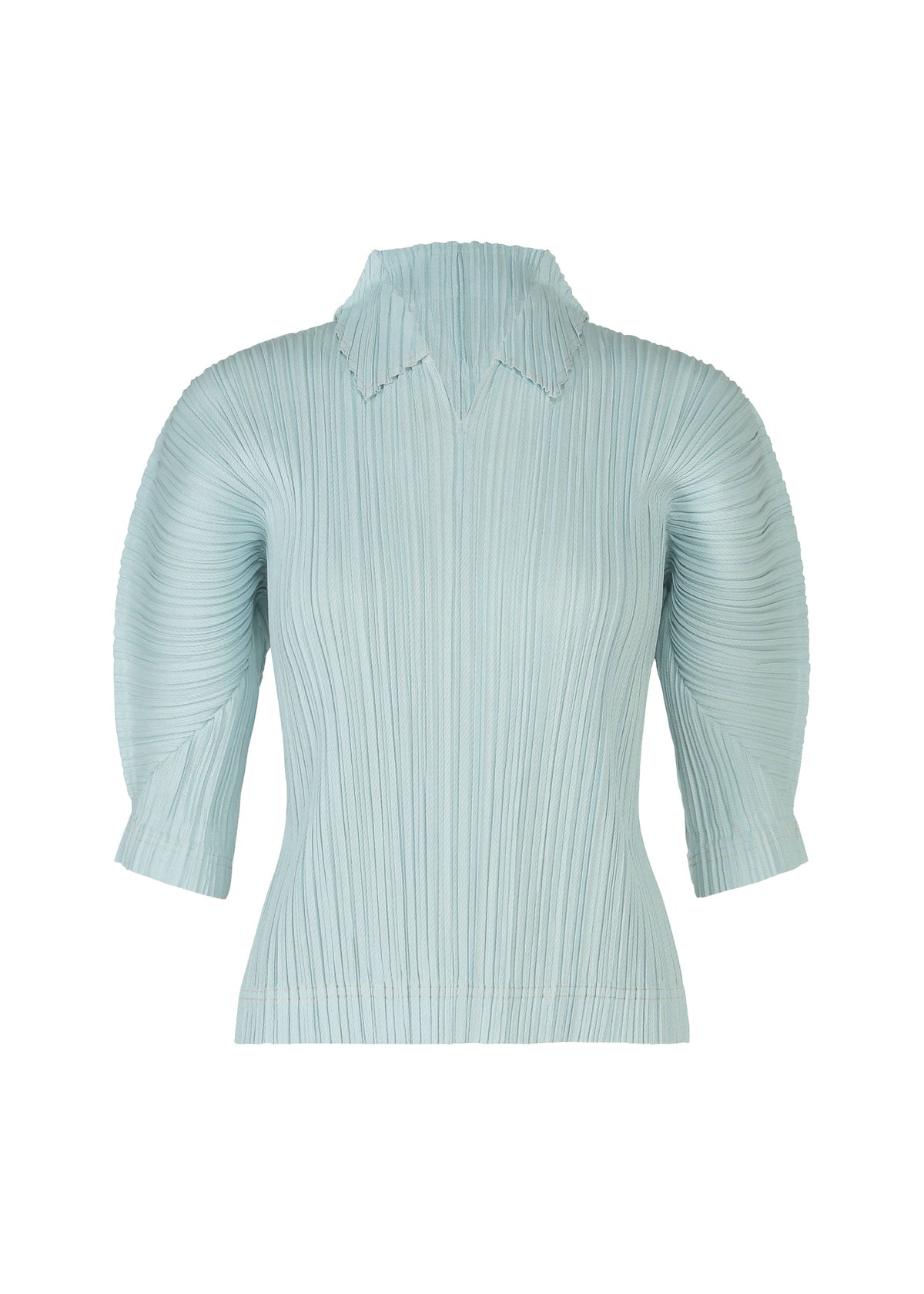The PLEATS PLEASE ISSEY MIYAKE COTTON DENIM blouse features light blue, denim-inspired pleats, a pointed collar, and three-quarter sleeves. Crafted from a cotton-blend fabric for a structured and textured look against a white background. view 1 of 8