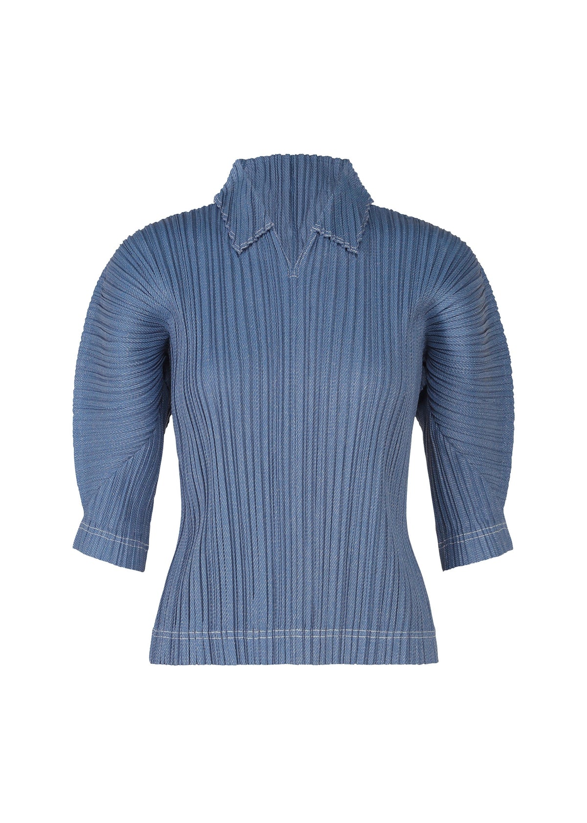 The COTTON DENIM top by PLEATS PLEASE ISSEY MIYAKE features blue ribbed knit, a structured collar, half-length puff sleeves, white edge stitching, and a vertical pleated texture in denim-inspired cotton-blend fabric. view 2 of 8