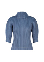 The COTTON DENIM top by PLEATS PLEASE ISSEY MIYAKE features blue ribbed knit, a structured collar, half-length puff sleeves, white edge stitching, and a vertical pleated texture in denim-inspired cotton-blend fabric. - BLUE (no.72)