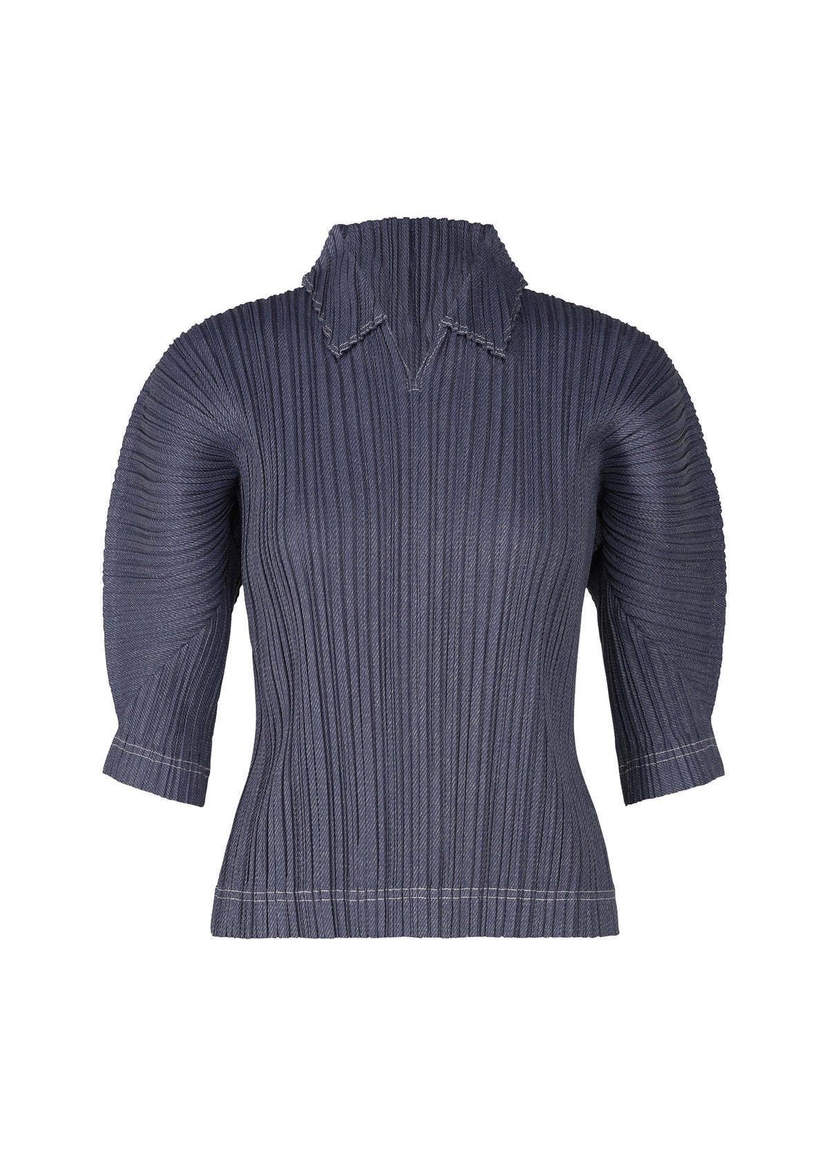 The COTTON DENIM top by PLEATS PLEASE ISSEY MIYAKE features dark blue, denim-inspired ribbed knit with elbow-length puffed sleeves, a fitted waist, structured pointed collar, vertical pleats, and white stitched accents. view 3 of 8