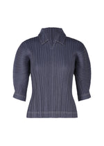 The COTTON DENIM top by PLEATS PLEASE ISSEY MIYAKE features dark blue, denim-inspired ribbed knit with elbow-length puffed sleeves, a fitted waist, structured pointed collar, vertical pleats, and white stitched accents. - NAVY (no.75)