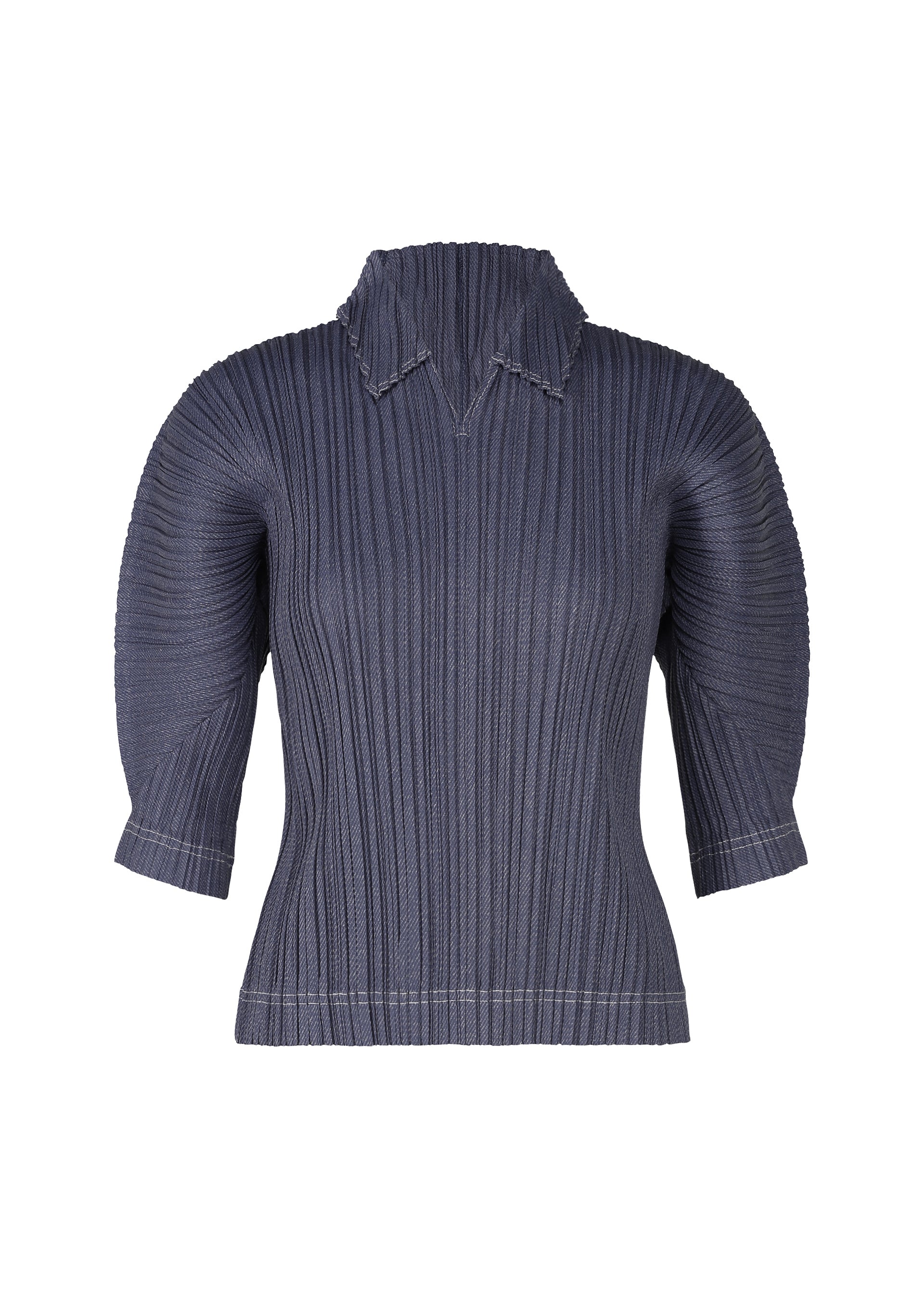 Zoomed view The COTTON DENIM top by PLEATS PLEASE ISSEY MIYAKE features dark blue, denim-inspired ribbed knit with elbow-length puffed sleeves, a fitted waist, structured pointed collar, vertical pleats, and white stitched accents. - NAVY (no.75)