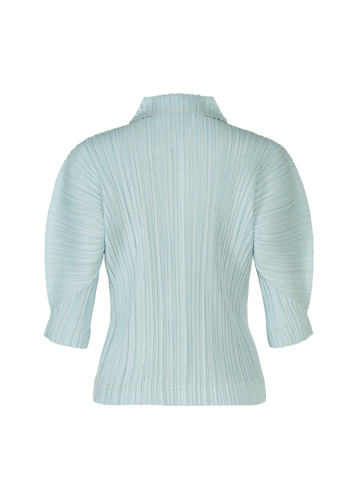 The COTTON DENIM blouse by PLEATS PLEASE ISSEY MIYAKE is light blue with a pleated, denim-inspired design, high collar, three-quarter puff sleeves, and vertical textured lines in a structured cotton-blend fabric. Viewed from the back. view 4 of 8