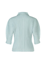 The COTTON DENIM blouse by PLEATS PLEASE ISSEY MIYAKE is light blue with a pleated, denim-inspired design, high collar, three-quarter puff sleeves, and vertical textured lines in a structured cotton-blend fabric. Viewed from the back.