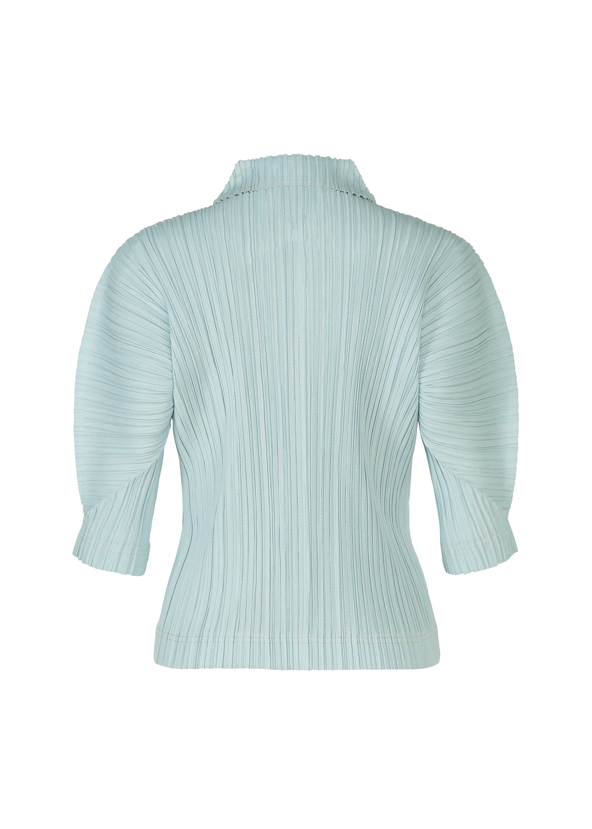 Zoomed view The COTTON DENIM blouse by PLEATS PLEASE ISSEY MIYAKE is light blue with a pleated, denim-inspired design, high collar, three-quarter puff sleeves, and vertical textured lines in a structured cotton-blend fabric. Viewed from the back.