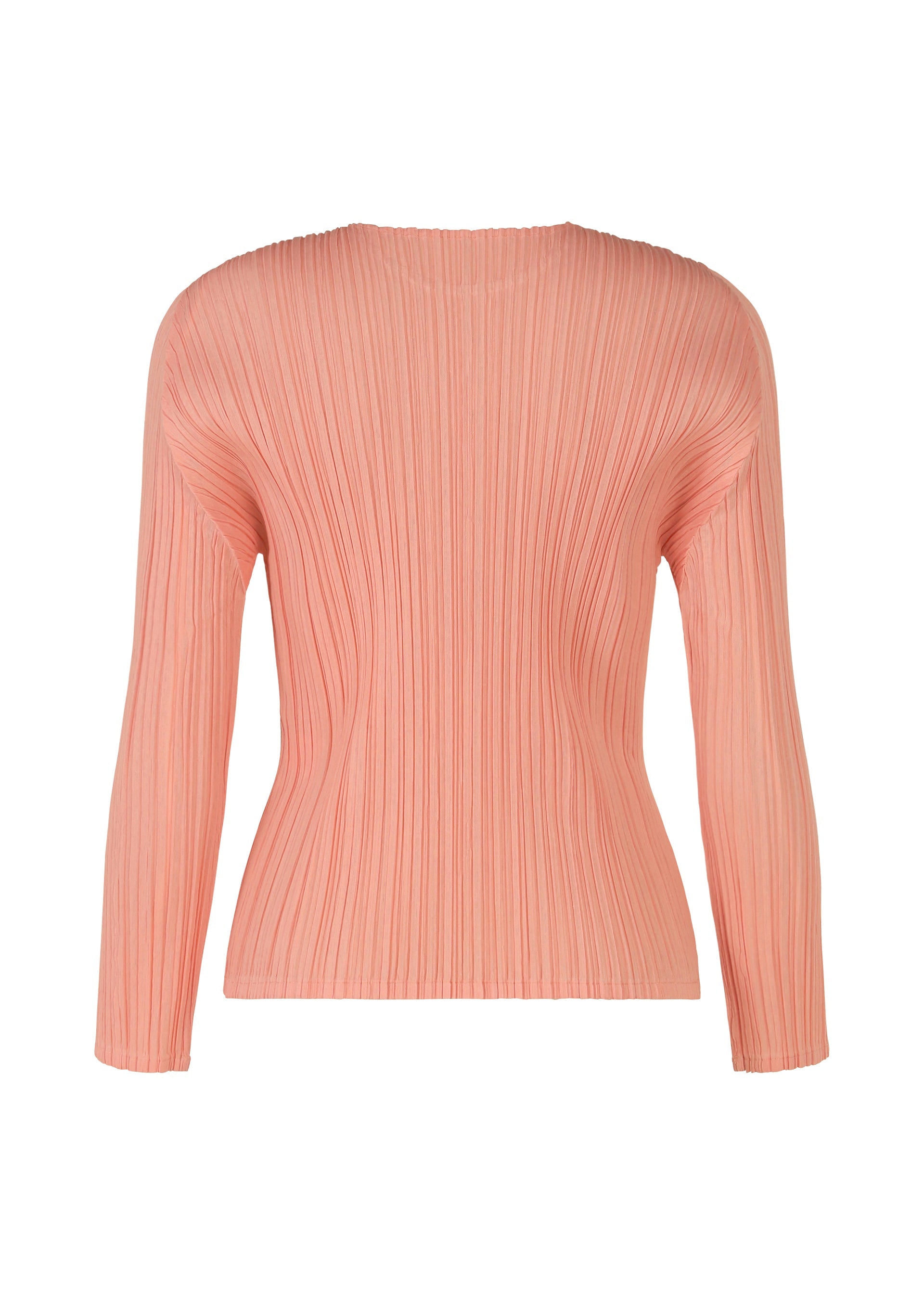 Zoomed view The RAMIE PLEATS top by PLEATS PLEASE ISSEY MIYAKE is a light pink, long-sleeved ramie shirt shown from the back, featuring a textured vertical stripe pattern and a fitted, minimalist design without visible fastenings.