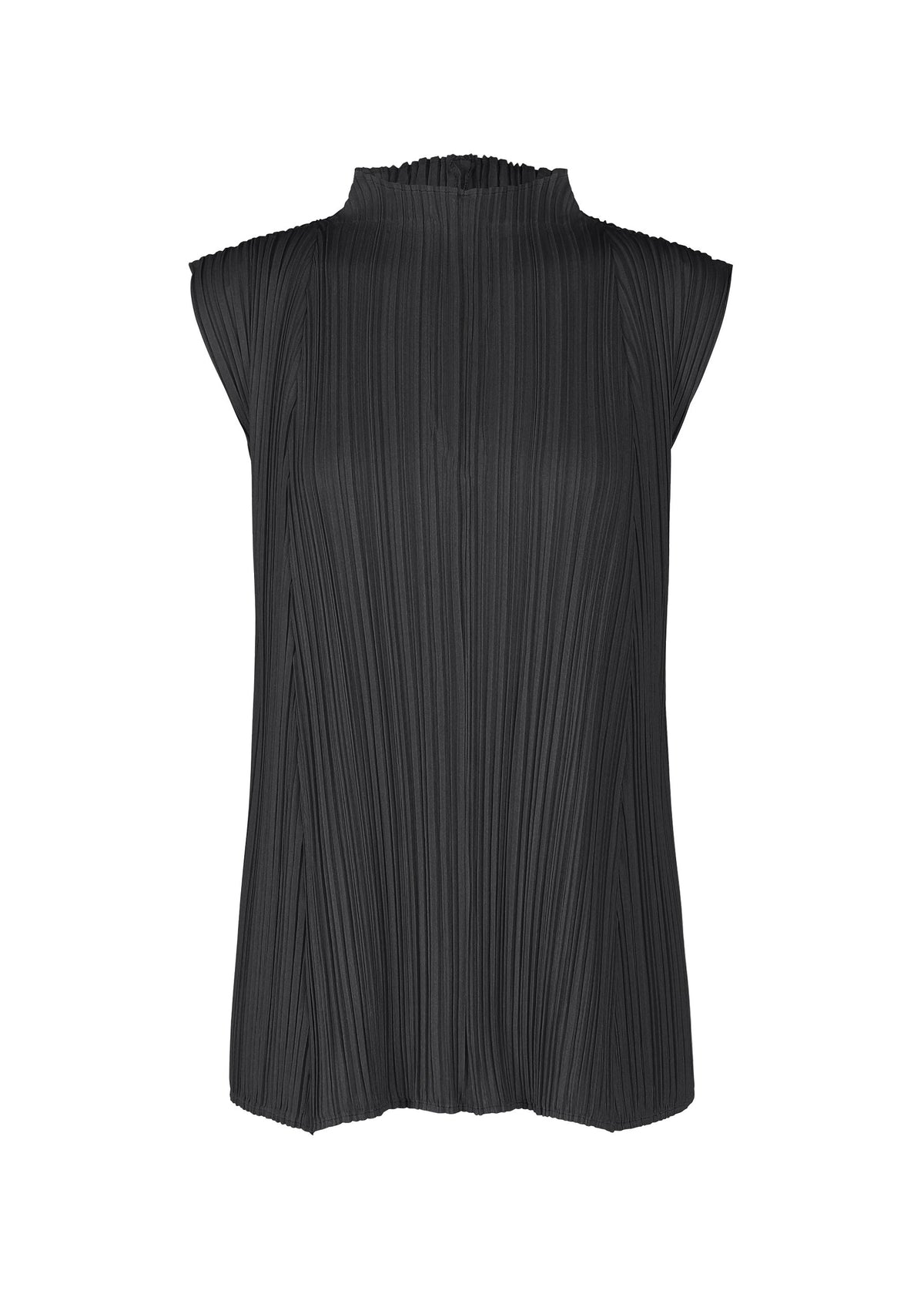 The MELLOW PLEATS top by PLEATS PLEASE ISSEY MIYAKE is a sleeveless black high-neck design, featuring a pleated neckline and vertical textured pleats on soft fabric, shown against a plain white background. view 2 of 8