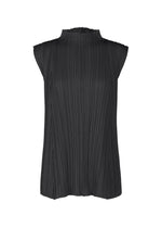 The MELLOW PLEATS top by PLEATS PLEASE ISSEY MIYAKE is a sleeveless black high-neck design, featuring a pleated neckline and vertical textured pleats on soft fabric, shown against a plain white background. - BLACK (no.15)