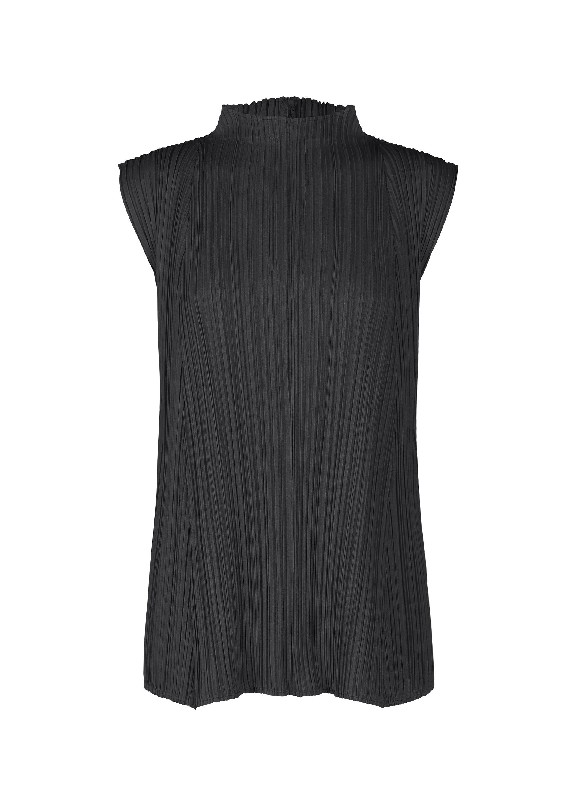 Zoomed view The MELLOW PLEATS top by PLEATS PLEASE ISSEY MIYAKE is a sleeveless black high-neck design, featuring a pleated neckline and vertical textured pleats on soft fabric, shown against a plain white background. - BLACK (no.15)