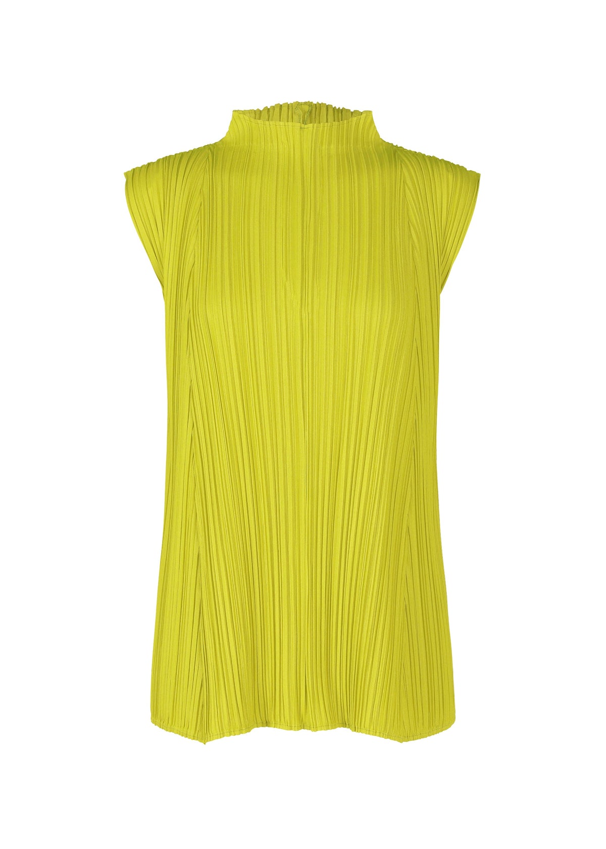 MELLOW PLEATS by PLEATS PLEASE ISSEY MIYAKE: a sleeveless, high-neck bright yellow top with pleated, soft-textured fabric and a loose fit. view 3 of 8
