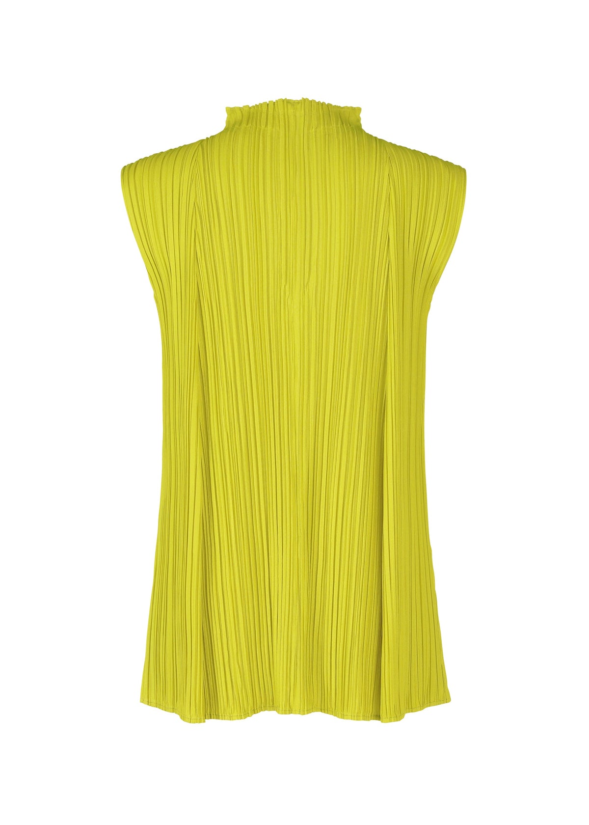 Back view of the MELLOW PLEATS sleeveless top by PLEATS PLEASE ISSEY MIYAKE in bright yellow, featuring soft pleats, a high ruffled neckline, and a flowing silhouette, set against a plain white background. view 4 of 8