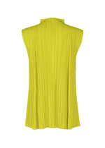 Back view of the MELLOW PLEATS sleeveless top by PLEATS PLEASE ISSEY MIYAKE in bright yellow, featuring soft pleats, a high ruffled neckline, and a flowing silhouette, set against a plain white background.