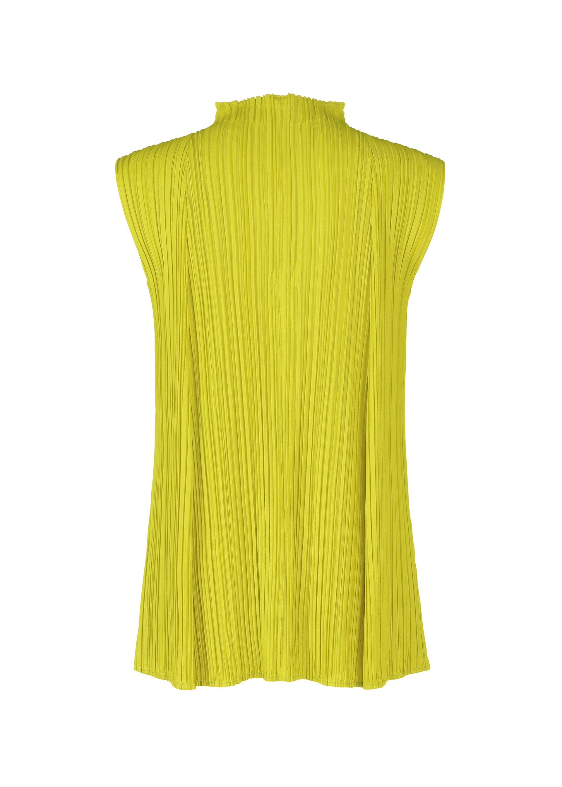 Zoomed view Back view of the MELLOW PLEATS sleeveless top by PLEATS PLEASE ISSEY MIYAKE in bright yellow, featuring soft pleats, a high ruffled neckline, and a flowing silhouette, set against a plain white background.