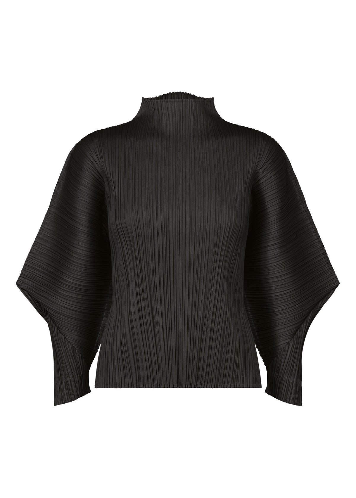 The SKYLINE top by PLEATS PLEASE ISSEY MIYAKE is black with pleats, a high neck, wide flared dolman sleeves, and structured textured fabric for a statement look. view 2 of 8