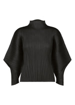 The SKYLINE top by PLEATS PLEASE ISSEY MIYAKE is black with pleats, a high neck, wide flared dolman sleeves, and structured textured fabric for a statement look. - BLACK （no.15）