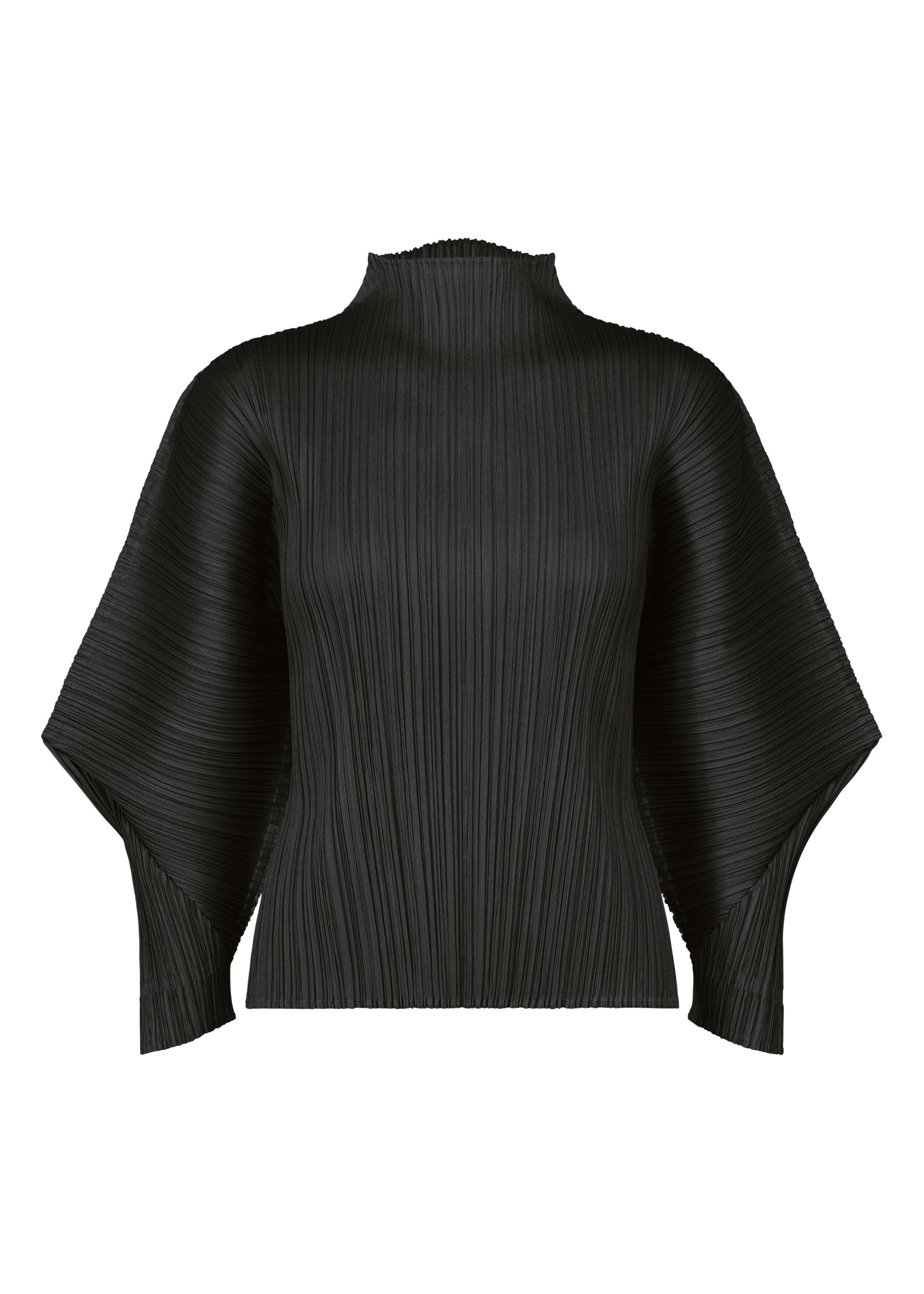 Zoomed view The SKYLINE top by PLEATS PLEASE ISSEY MIYAKE is black with pleats, a high neck, wide flared dolman sleeves, and structured textured fabric for a statement look. - BLACK （no.15）