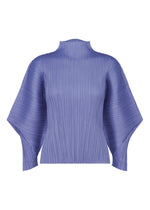 The SKYLINE top by PLEATS PLEASE ISSEY MIYAKE is a light purple, long-sleeved blouse with a high neck, wide flared dolman sleeves, and vertical and diagonal pleats for a structured, modern look. - STEEL BLUE （no.74）