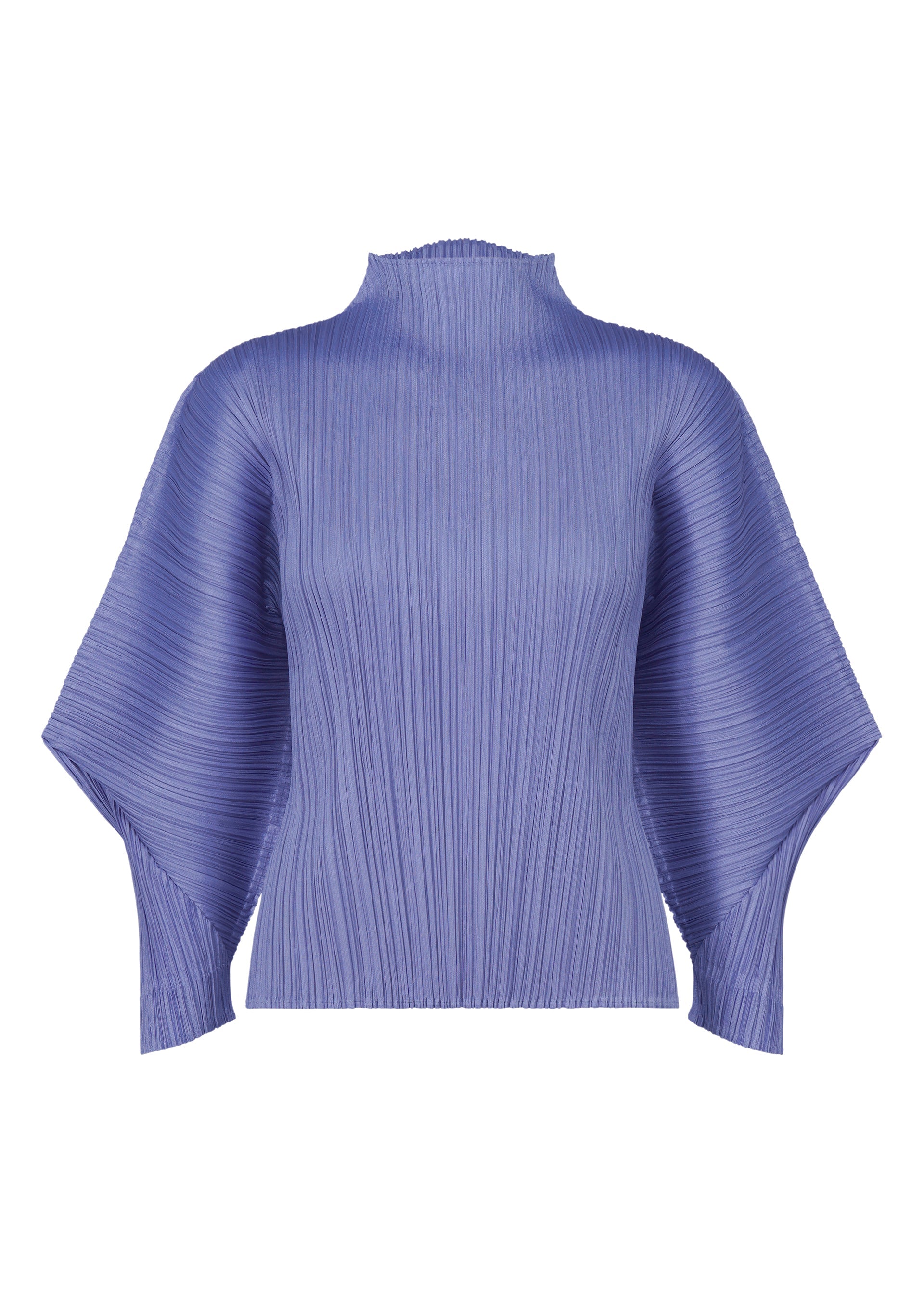 Zoomed view The SKYLINE top by PLEATS PLEASE ISSEY MIYAKE is a light purple, long-sleeved blouse with a high neck, wide flared dolman sleeves, and vertical and diagonal pleats for a structured, modern look. - STEEL BLUE （no.74）