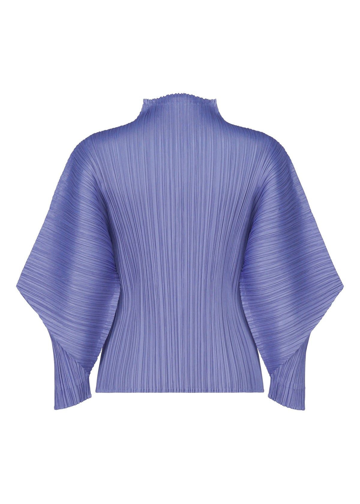 A back view of the SKYLINE top by PLEATS PLEASE ISSEY MIYAKE in lavender, featuring pleats, dolman sleeves, a high neck, and vertical textured fabric that creates a sculptural look inspired by classic kimono style. view 4 of 8