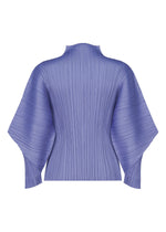 A back view of the SKYLINE top by PLEATS PLEASE ISSEY MIYAKE in lavender, featuring pleats, dolman sleeves, a high neck, and vertical textured fabric that creates a sculptural look inspired by classic kimono style.