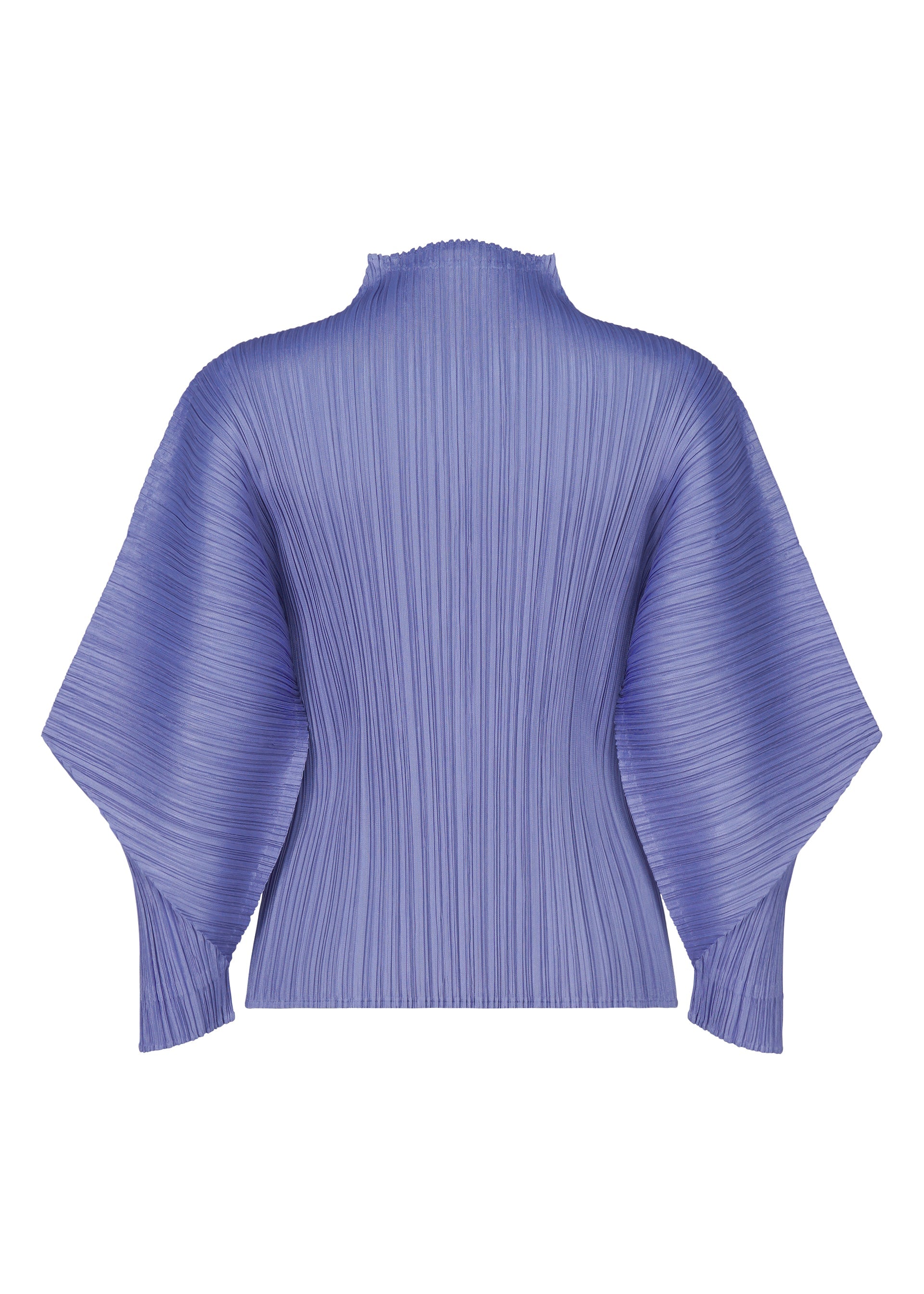 Zoomed view A back view of the SKYLINE top by PLEATS PLEASE ISSEY MIYAKE in lavender, featuring pleats, dolman sleeves, a high neck, and vertical textured fabric that creates a sculptural look inspired by classic kimono style.