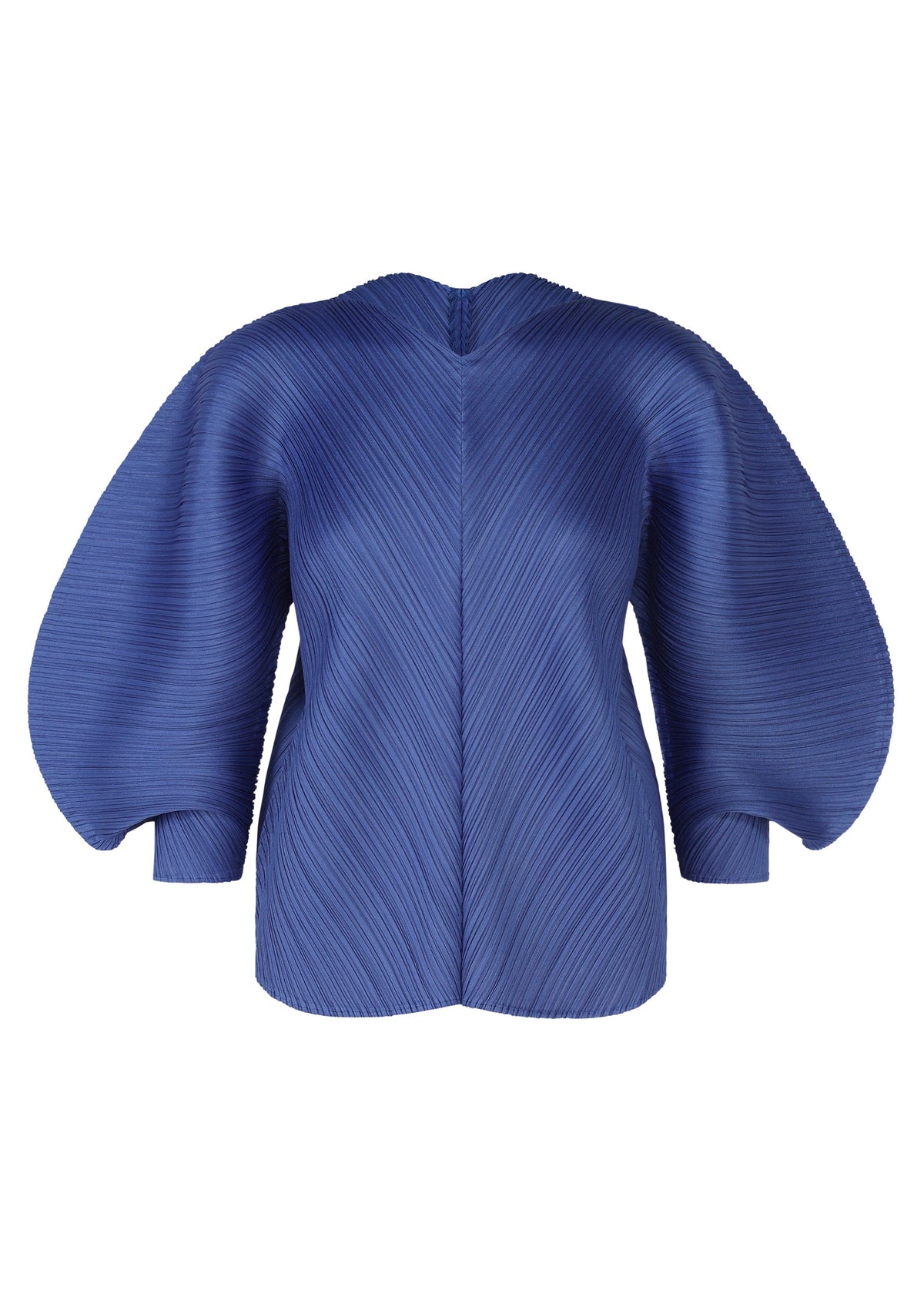 The COAST jacket by PLEATS PLEASE ISSEY MIYAKE features a deep blue hue, airy silhouette, wide pleated sleeves, and textured diagonal lines for a modern, architectural style. view 2 of 8