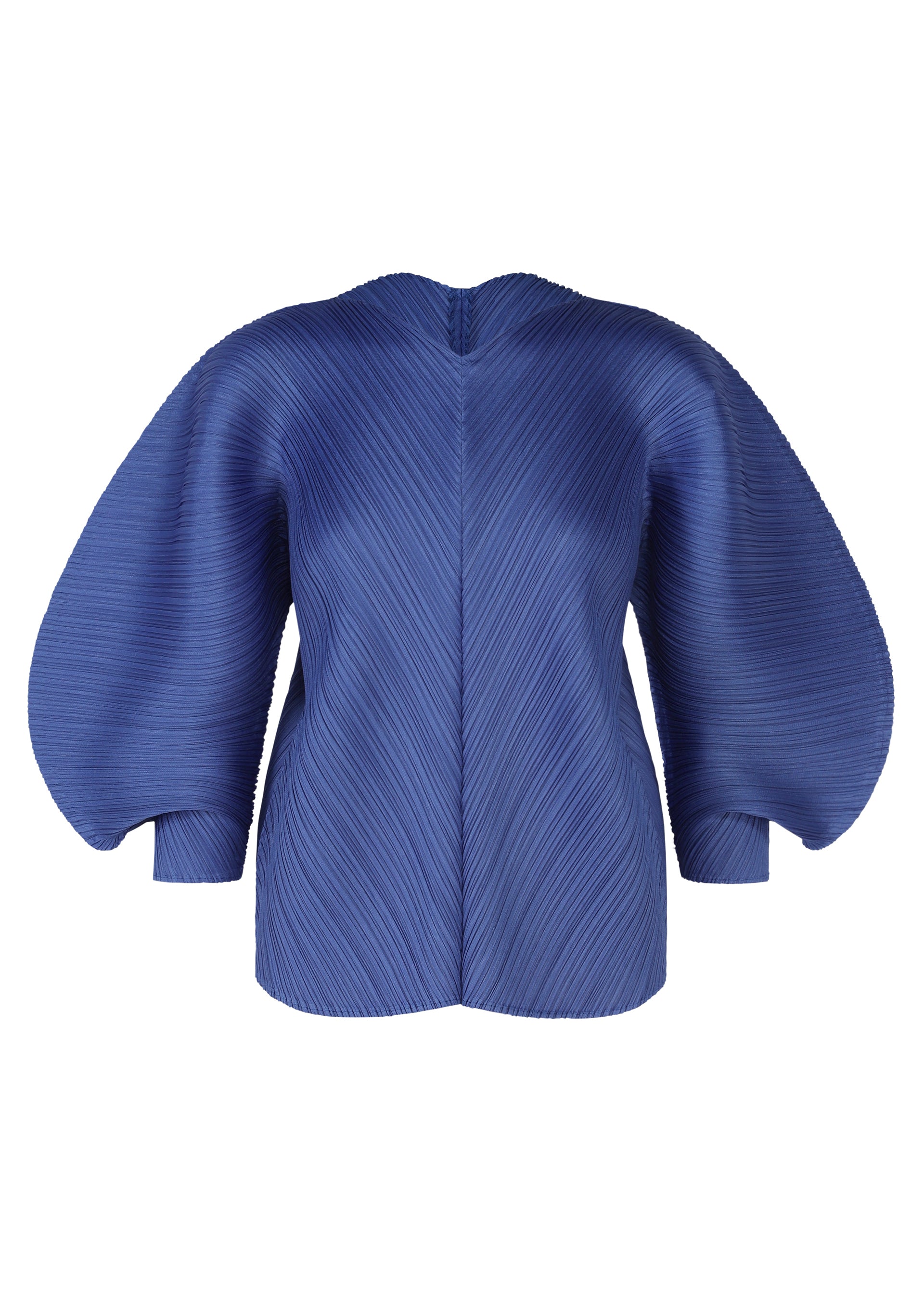Zoomed view The COAST jacket by PLEATS PLEASE ISSEY MIYAKE features a deep blue hue, airy silhouette, wide pleated sleeves, and textured diagonal lines for a modern, architectural style. - BLUE （no.72）
