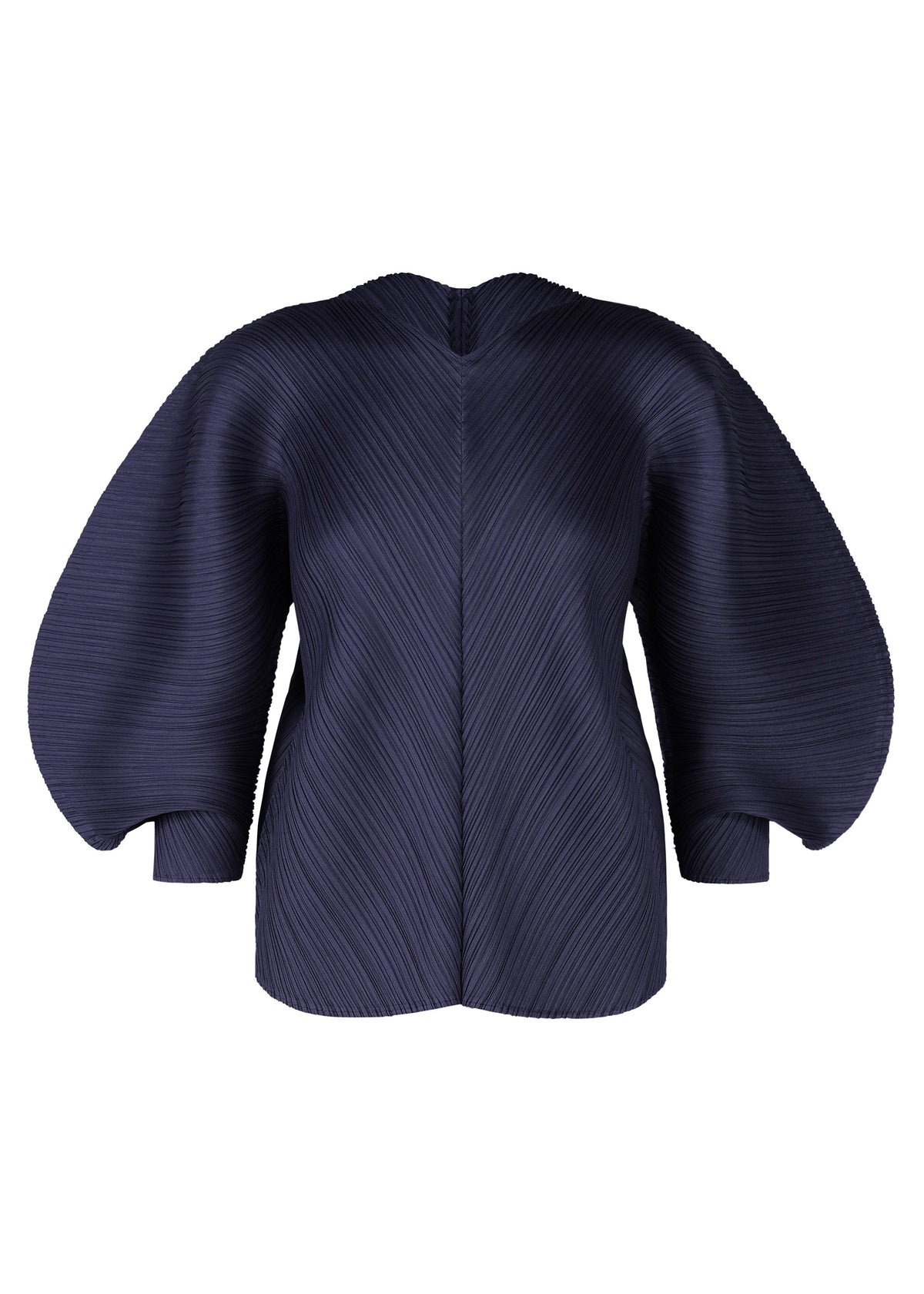 COAST jacket by PLEATS PLEASE ISSEY MIYAKE in navy blue features an airy silhouette, exaggerated rounded sleeves, and a textured diagonal pleat wave pattern, shown against a white background. view 3 of 8