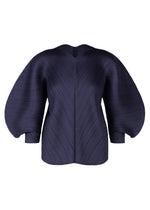COAST jacket by PLEATS PLEASE ISSEY MIYAKE in navy blue features an airy silhouette, exaggerated rounded sleeves, and a textured diagonal pleat wave pattern, shown against a white background. - NAVY （no.75）