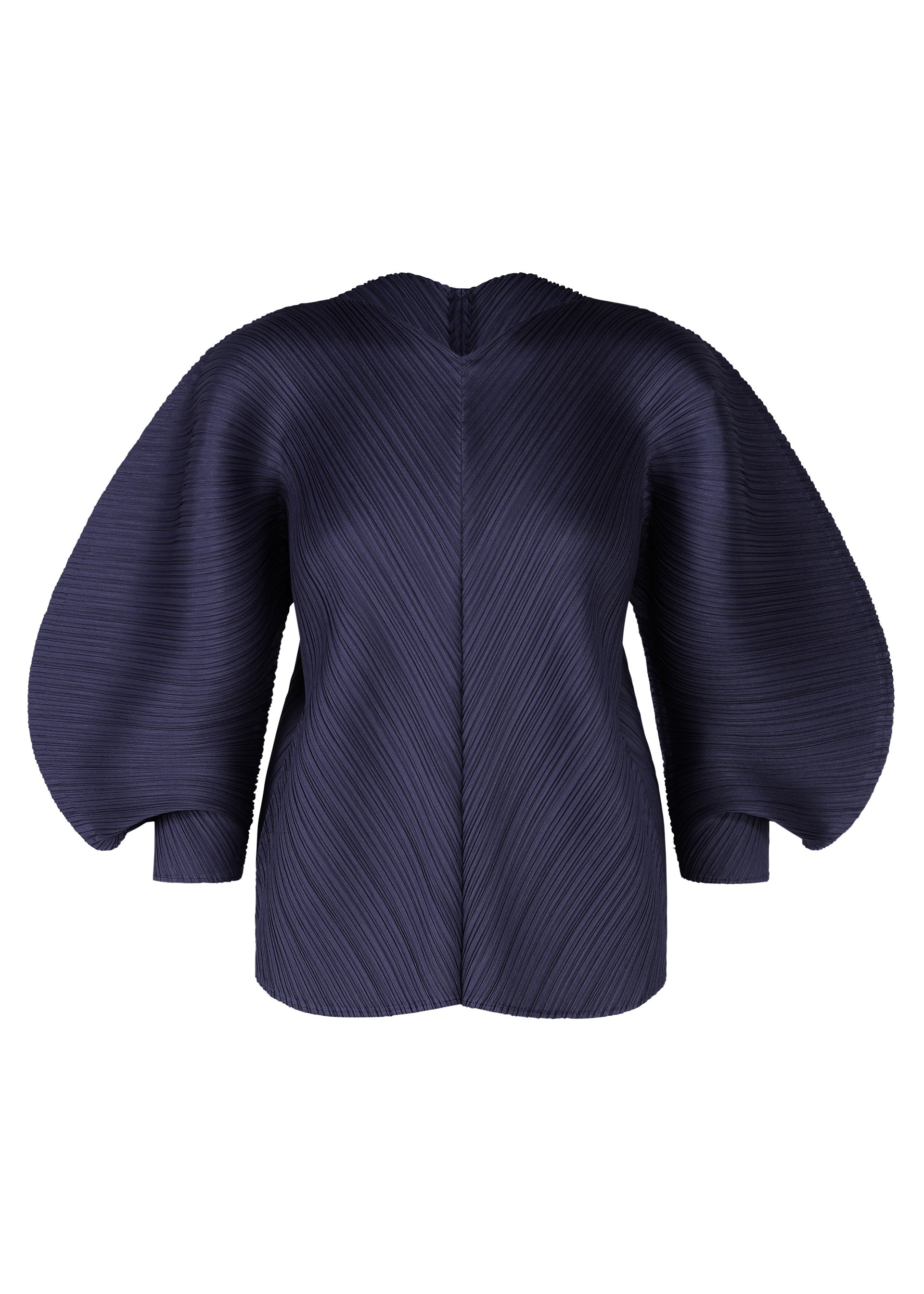 Zoomed view COAST jacket by PLEATS PLEASE ISSEY MIYAKE in navy blue features an airy silhouette, exaggerated rounded sleeves, and a textured diagonal pleat wave pattern, shown against a white background. - NAVY （no.75）