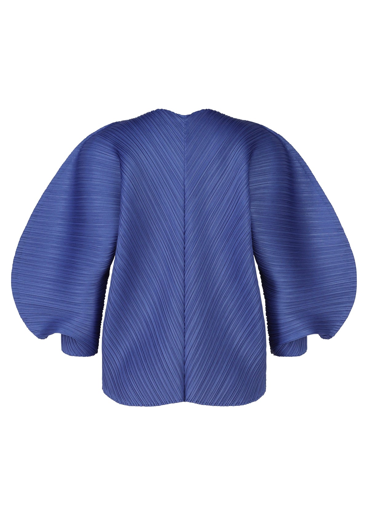 COAST by PLEATS PLEASE ISSEY MIYAKE is a sculptural blue jacket with voluminous pleated balloon sleeves and a diagonal ribbed wave texture, shown from the back with no visible fastenings or embellishments. view 4 of 8