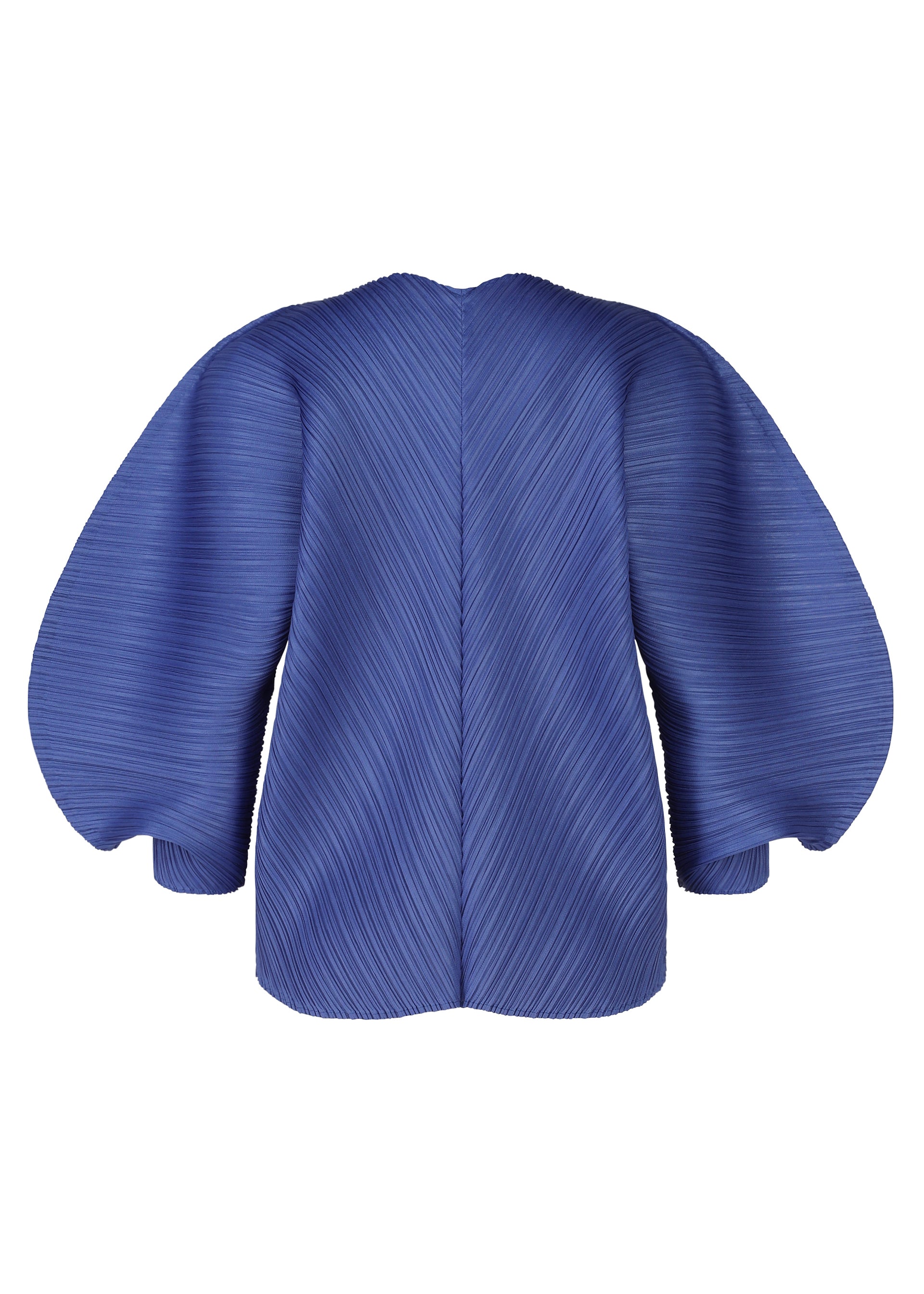 Zoomed view COAST by PLEATS PLEASE ISSEY MIYAKE is a sculptural blue jacket with voluminous pleated balloon sleeves and a diagonal ribbed wave texture, shown from the back with no visible fastenings or embellishments.