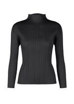 The FACADE top by PLEATS PLEASE ISSEY MIYAKE is a black, long-sleeved, high-neck piece featuring a fitted silhouette and vertical pleats. Shown on a white background, it's versatile and easy to style for any wardrobe. - BLACK （no.15）