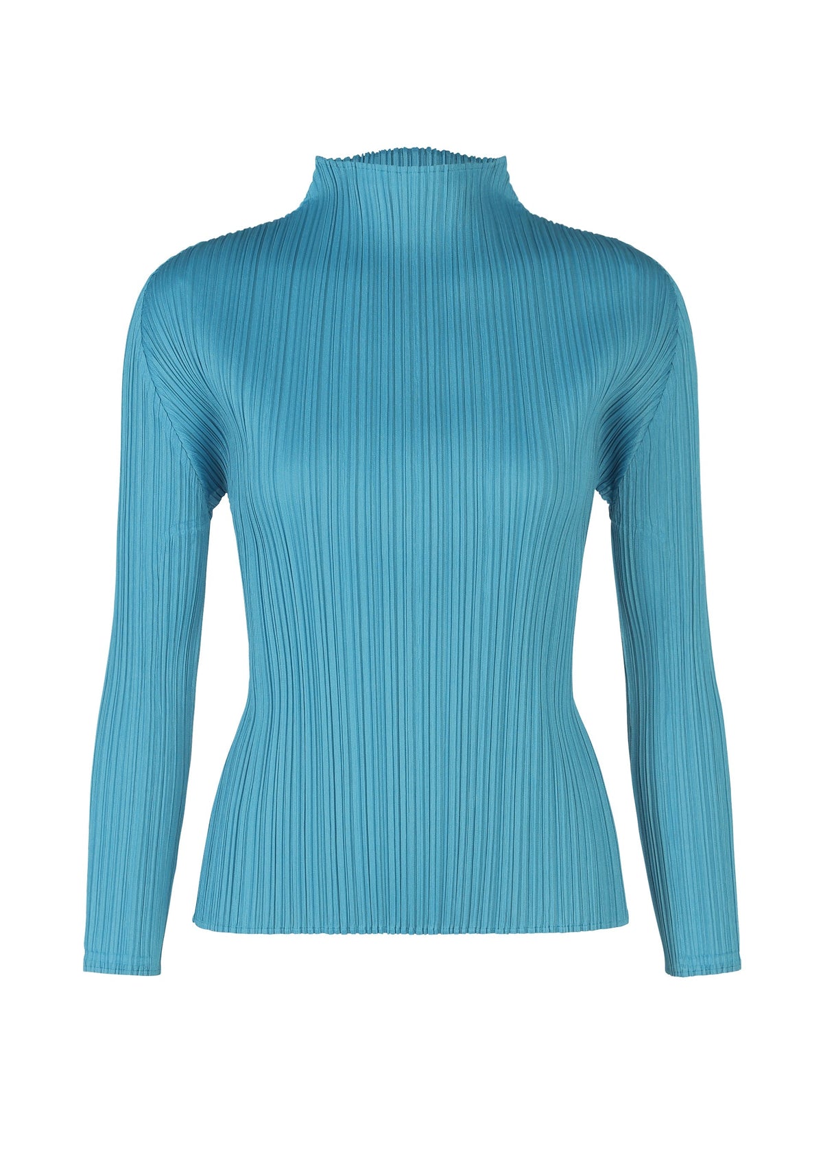 The FACADE top by PLEATS PLEASE ISSEY MIYAKE is a long-sleeved, teal blue ribbed high-neck style with a fitted waist, shown on a plain white background—an easy-to-style essential for any wardrobe. view 3 of 7