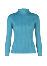 The FACADE top by PLEATS PLEASE ISSEY MIYAKE is a long-sleeved, teal blue ribbed high-neck style with a fitted waist, shown on a plain white background—an easy-to-style essential for any wardrobe. - SAXE BLUE （no.77）