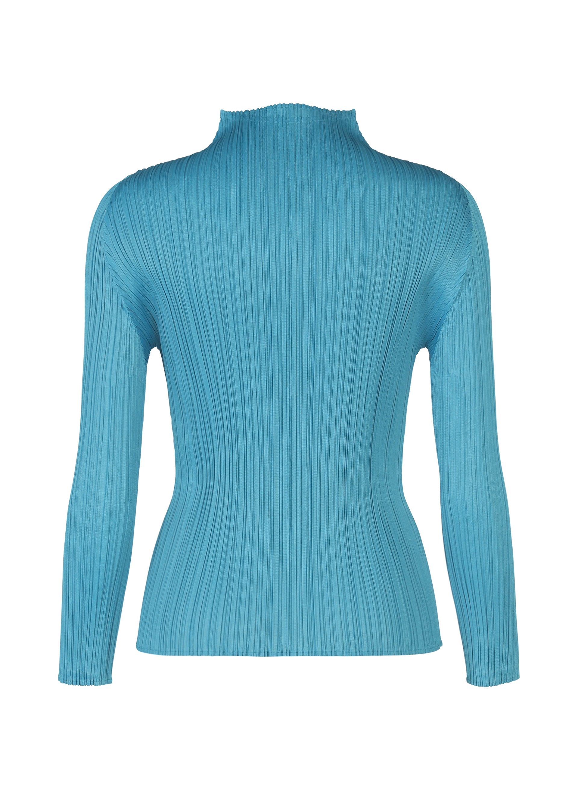 Zoomed view The FACADE top by PLEATS PLEASE ISSEY MIYAKE is a long-sleeved, light blue, ribbed high-neck style with vertical pleats and a slim, stretchy fit, shown from the back. Perfect for easy styling on any occasion.