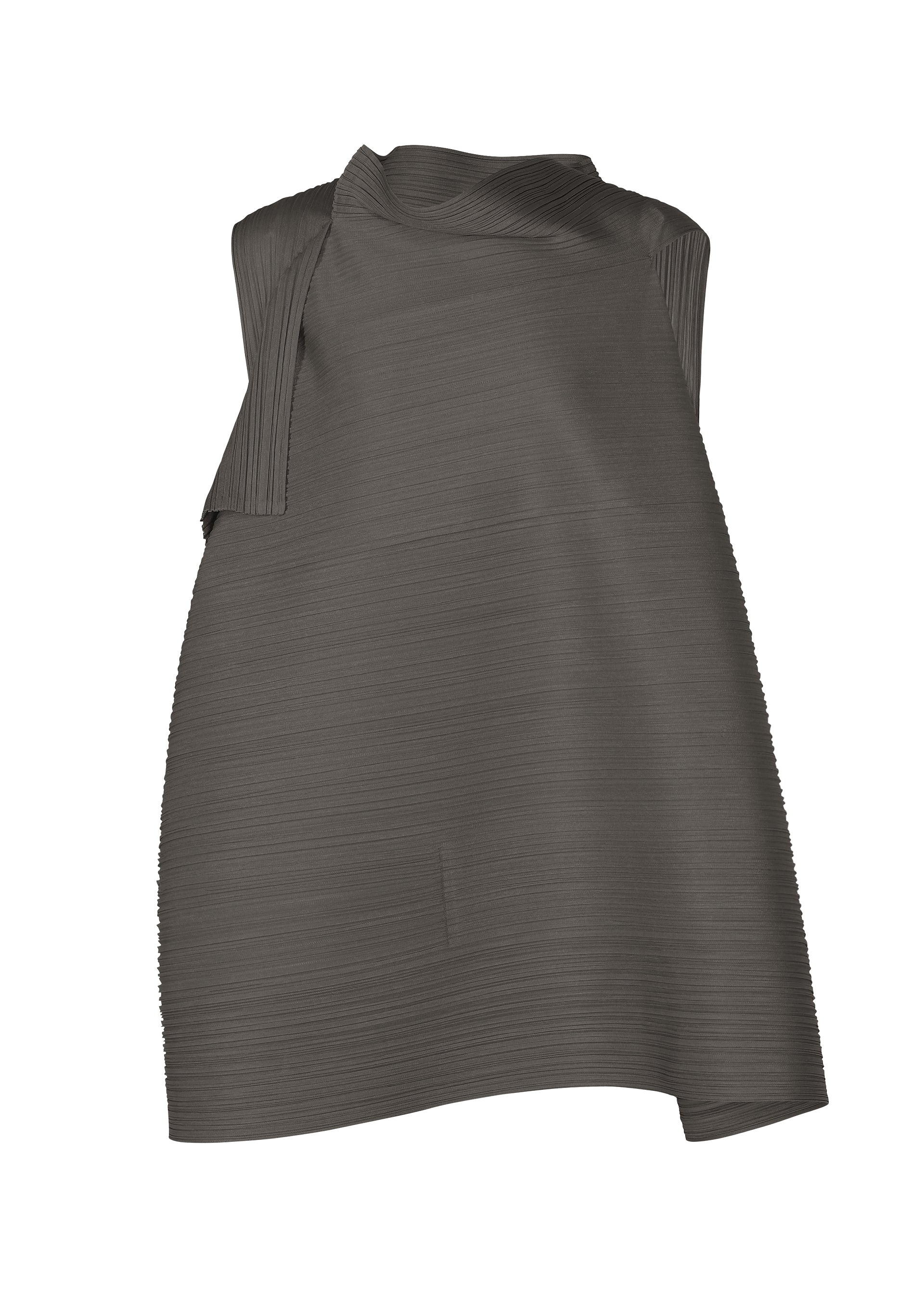 Zoomed view The BOUNCY BASKET by PLEATS PLEASE ISSEY MIYAKE is a sleeveless, asymmetrical dark gray dress featuring unique shoulder straps, a high neckline, and a subtle horizontal ribbed texture. - CHARCOAL （no.17）
