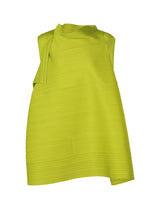 The BOUNCY BASKET dress by PLEATS PLEASE ISSEY MIYAKE features bright lime green textured fabric, a pleated top, sleeveless cut, and unique asymmetrical shoulder straps, showcased on a white background. - YELLOW GREEN （no.64）