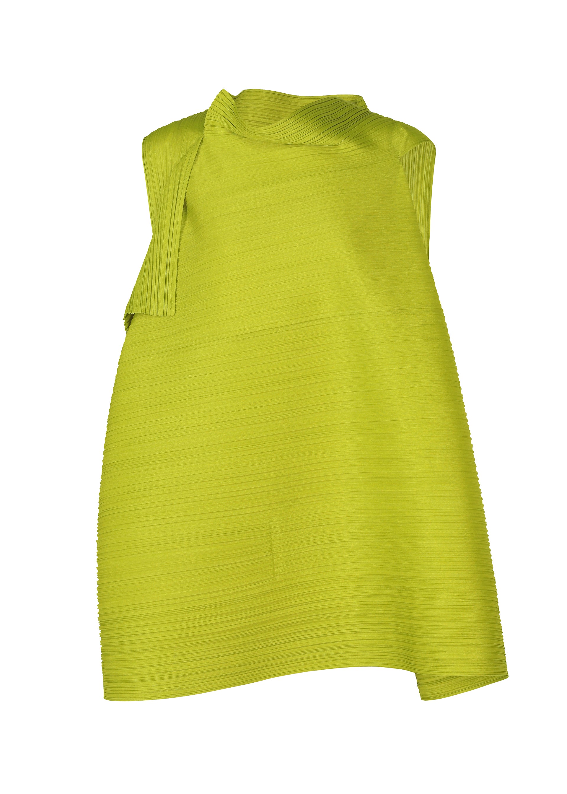 Zoomed view The BOUNCY BASKET dress by PLEATS PLEASE ISSEY MIYAKE features bright lime green textured fabric, a pleated top, sleeveless cut, and unique asymmetrical shoulder straps, showcased on a white background. - YELLOW GREEN （no.64）