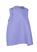 The BOUNCY BASKET dress by PLEATS PLEASE ISSEY MIYAKE is a sleeveless, light purple textured piece with distinctive shoulder straps, an asymmetrical hem, and pleated detailing at the shoulders and neckline, shown on a plain white background. - STEEL BLUE （no.74）