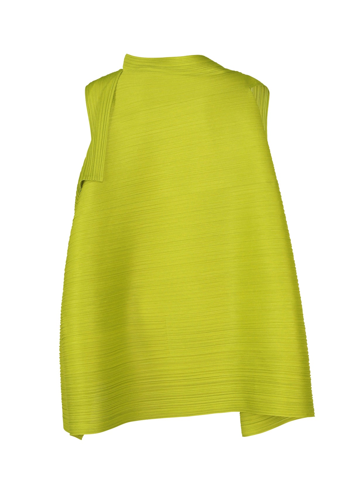 The BOUNCY BASKET top by PLEATS PLEASE ISSEY MIYAKE is a bright yellow-green, textured sleeveless piece with distinctive shoulder straps, an asymmetric hem, and overlapping layers, shown against a white background. view 4 of 8