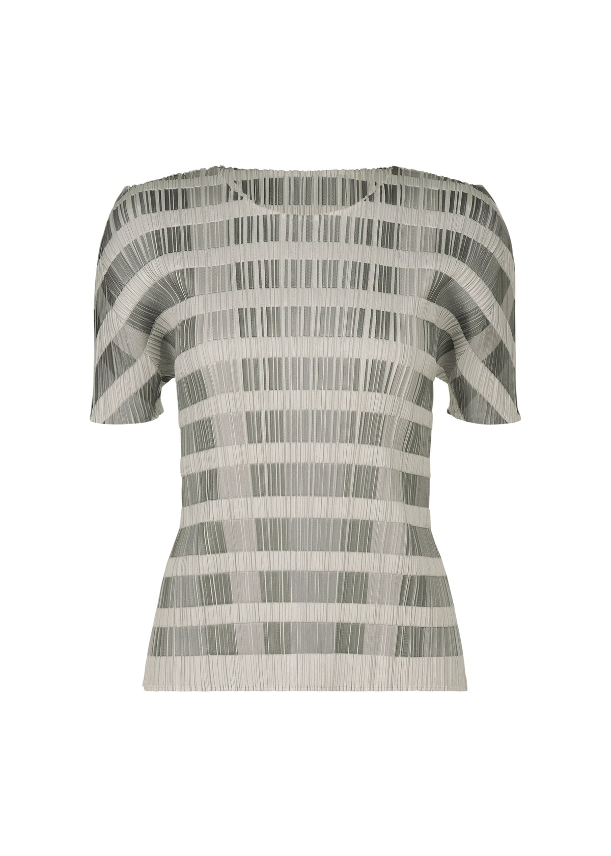The BUMPY BASKET by PLEATS PLEASE ISSEY MIYAKE is a short-sleeved, fitted plaid top with a round neck and geometric gray and white stripes. Textured horizontal and vertical lines create a modern look, shown against a plain white background. view 1 of 8
