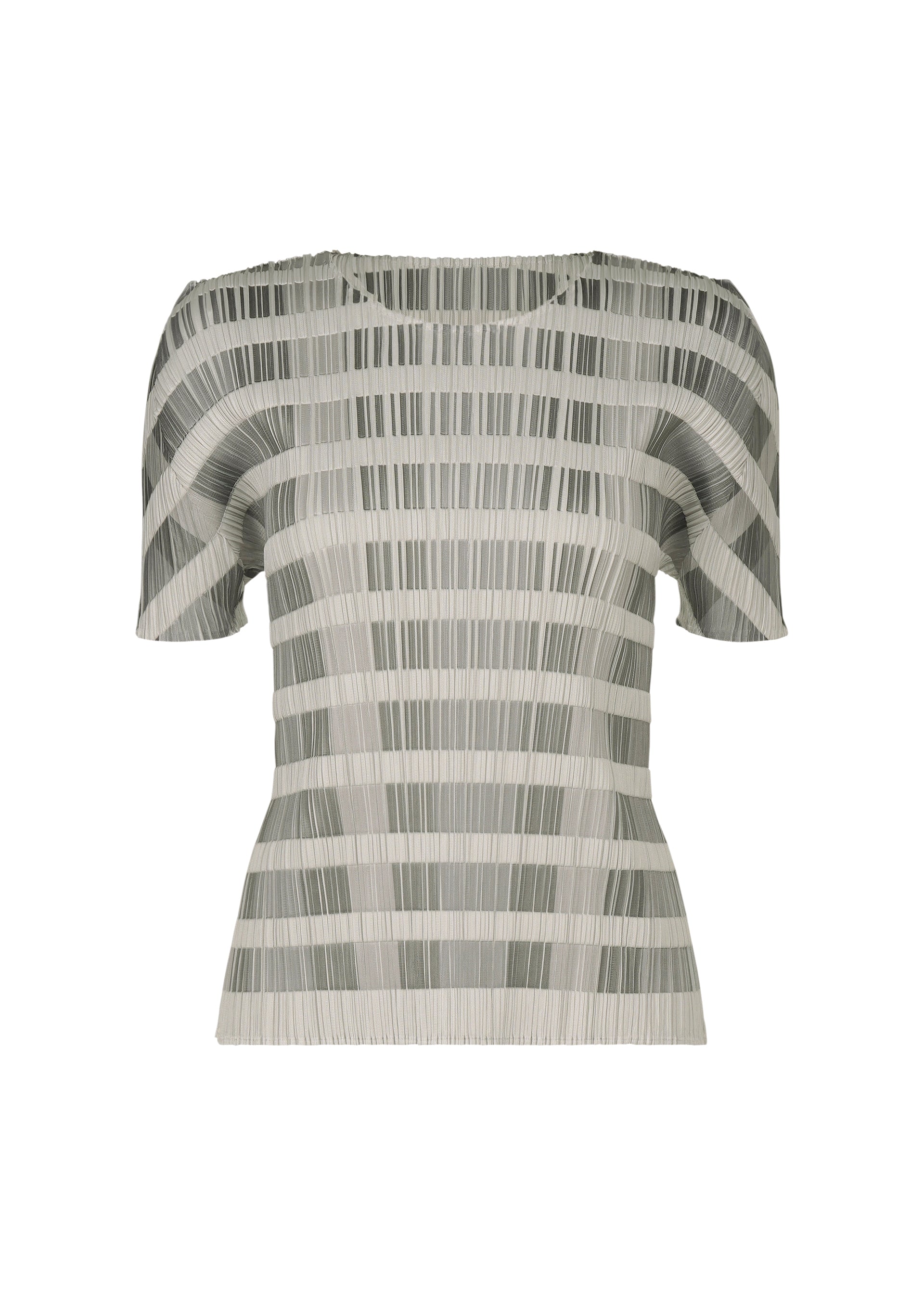 Zoomed view The BUMPY BASKET by PLEATS PLEASE ISSEY MIYAKE is a short-sleeved, fitted plaid top with a round neck and geometric gray and white stripes. Textured horizontal and vertical lines create a modern look, shown against a plain white background. - CHARCOAL （no.17）
