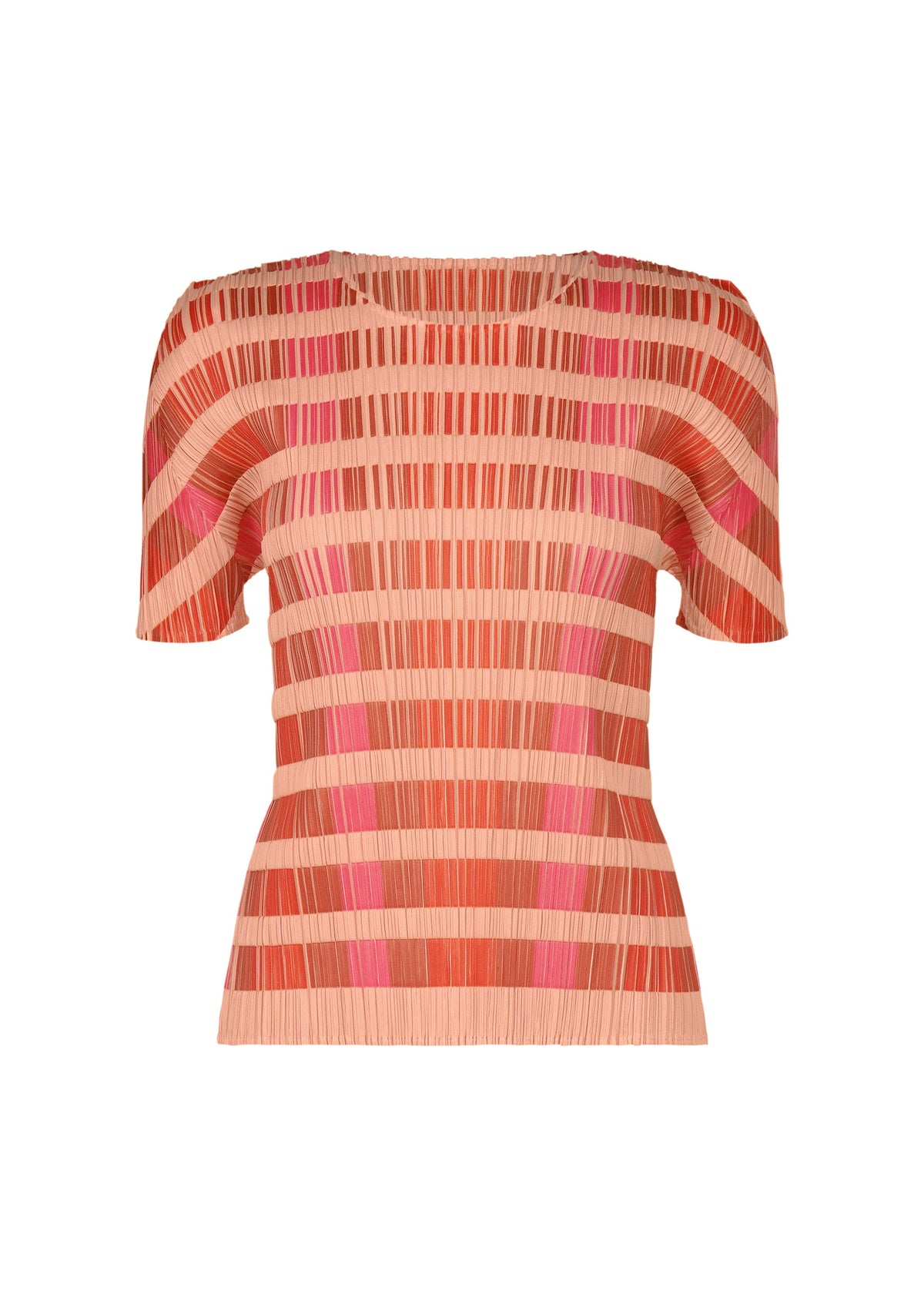 The BUMPY BASKET top by PLEATS PLEASE ISSEY MIYAKE is a round-neck, short-sleeved fitted top with vertical and horizontal pleated stripes in orange, pink, and coral—a fresh take on classic plaid. view 2 of 8