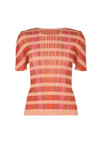 The BUMPY BASKET top by PLEATS PLEASE ISSEY MIYAKE is a round-neck, short-sleeved fitted top with vertical and horizontal pleated stripes in orange, pink, and coral—a fresh take on classic plaid. - PINK （no.22）