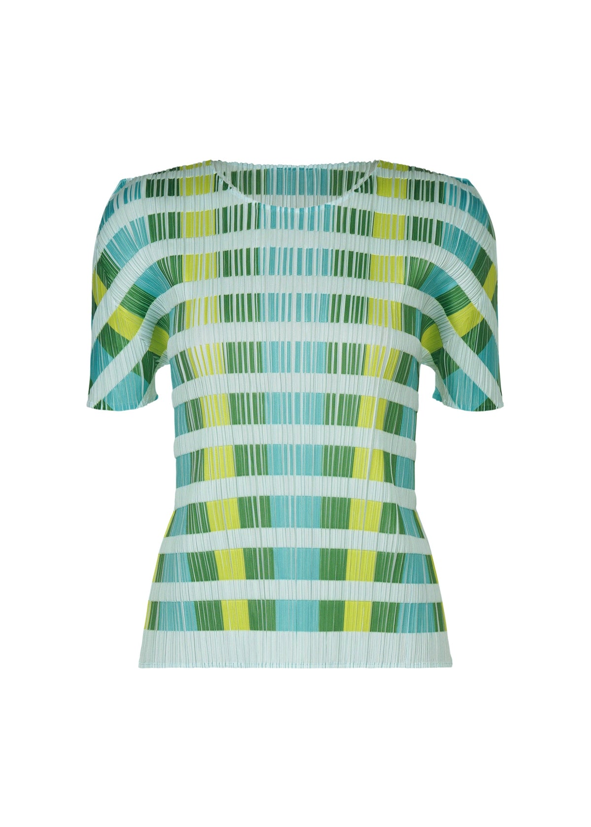 The BUMPY BASKET by PLEATS PLEASE ISSEY MIYAKE is a short-sleeved, fitted plaid top with a round-neck and geometric pattern in green, blue, and yellow stripes on a textured white background. view 3 of 8