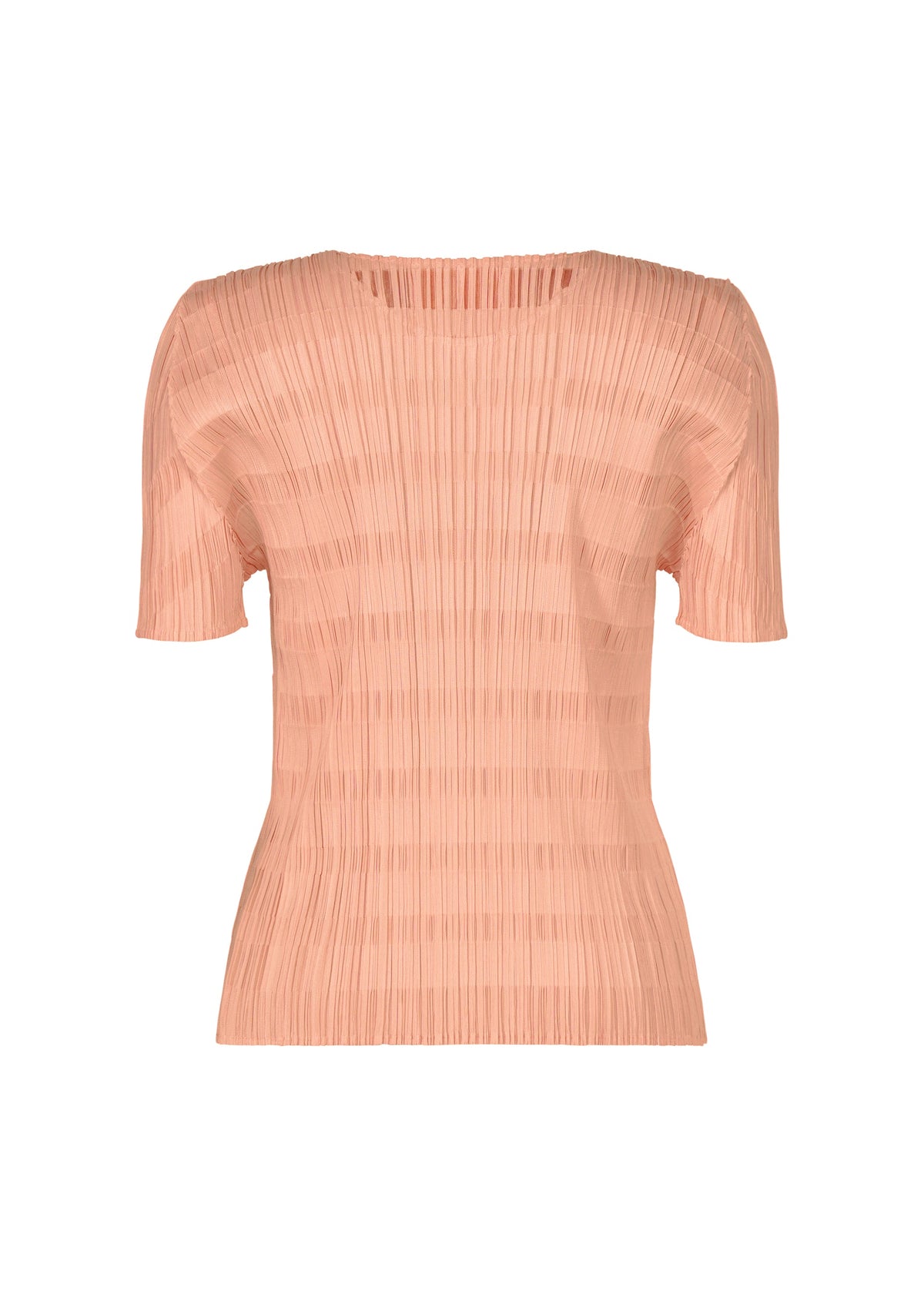The BUMPY BASKET by PLEATS PLEASE ISSEY MIYAKE is a light pink, short-sleeved round-neck blouse with pleated, textured fabric, shown against a plain white background. view 4 of 8