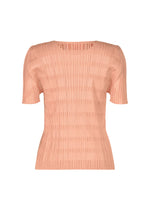 The BUMPY BASKET by PLEATS PLEASE ISSEY MIYAKE is a light pink, short-sleeved round-neck blouse with pleated, textured fabric, shown against a plain white background.