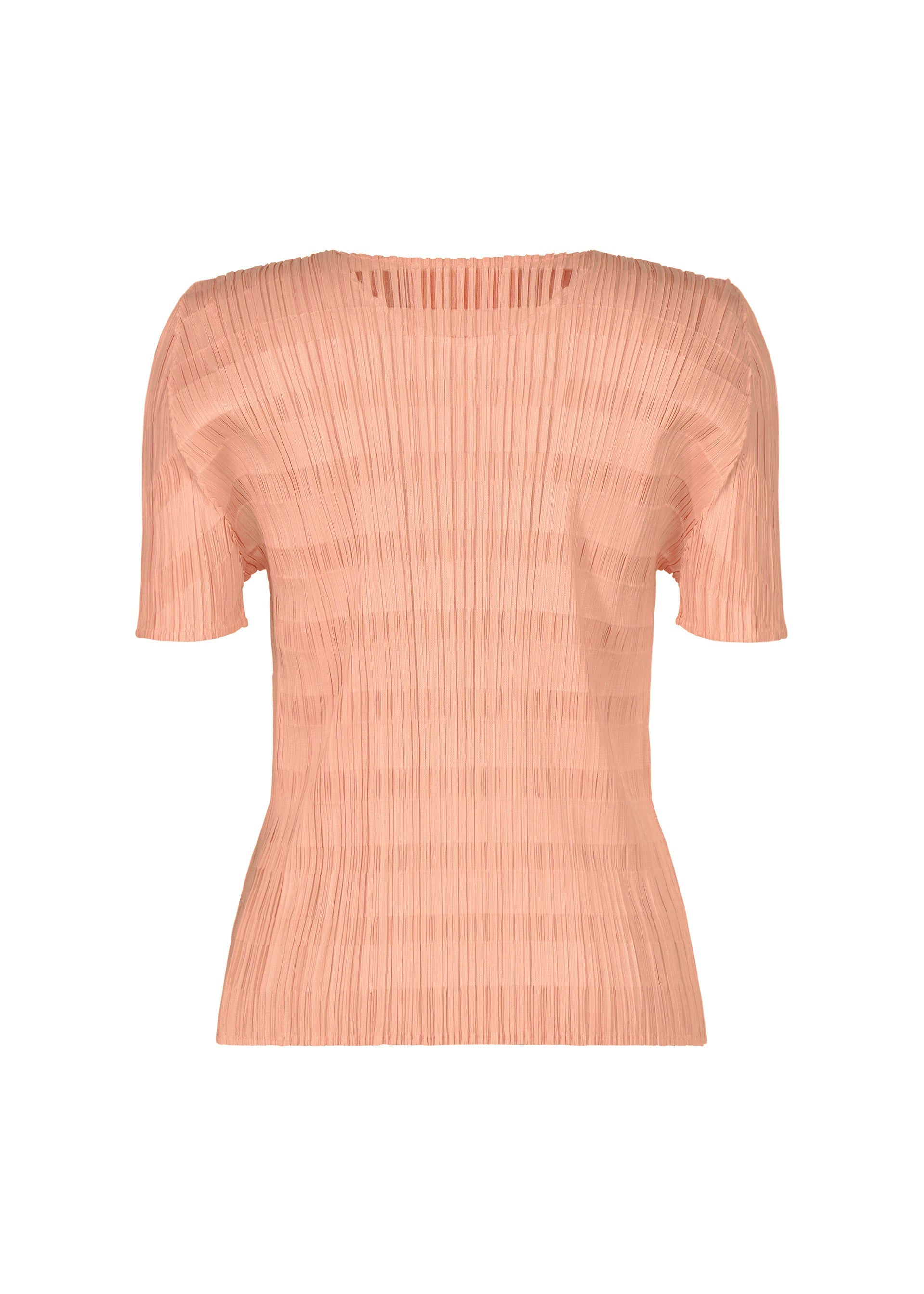 Zoomed view The BUMPY BASKET by PLEATS PLEASE ISSEY MIYAKE is a light pink, short-sleeved round-neck blouse with pleated, textured fabric, shown against a plain white background.