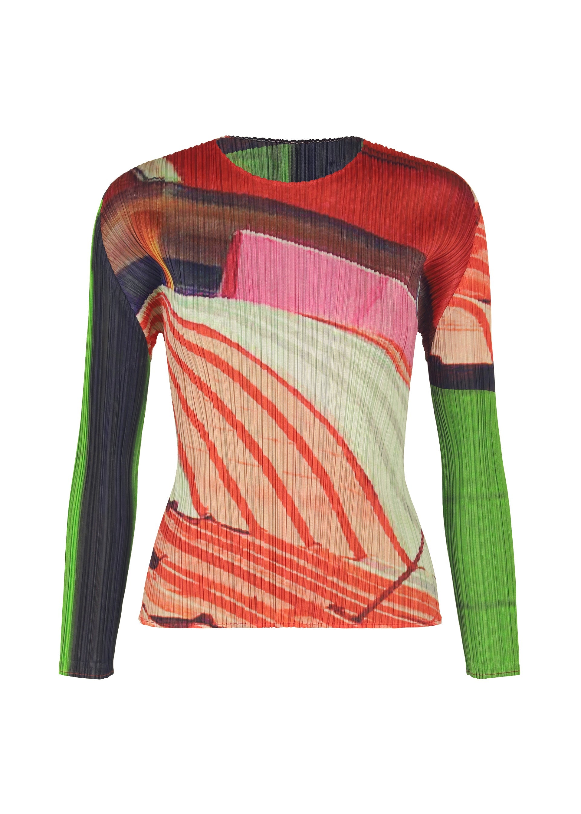 Zoomed view The CITY COLLAGE top by PLEATS PLEASE ISSEY MIYAKE is a long-sleeved, pleated round-neck style with an abstract multi-color collage pattern and a fitted silhouette for a vibrant look. - RED×GREEN （no.08）